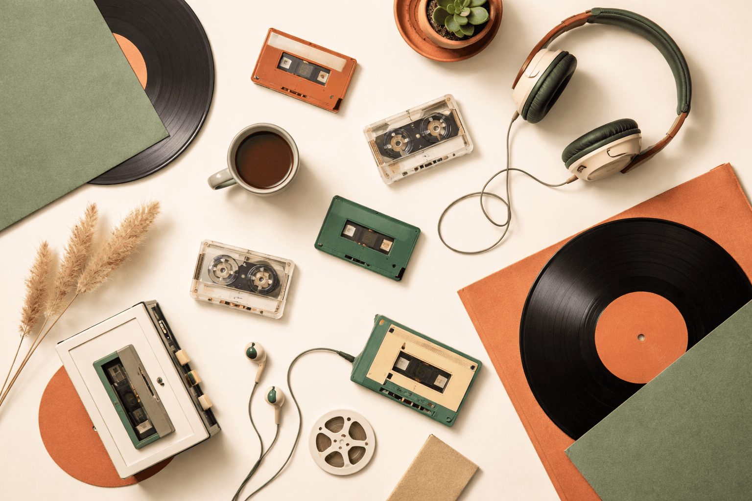 Vinyl records, cassette tapes and headphones flat lay on cream background